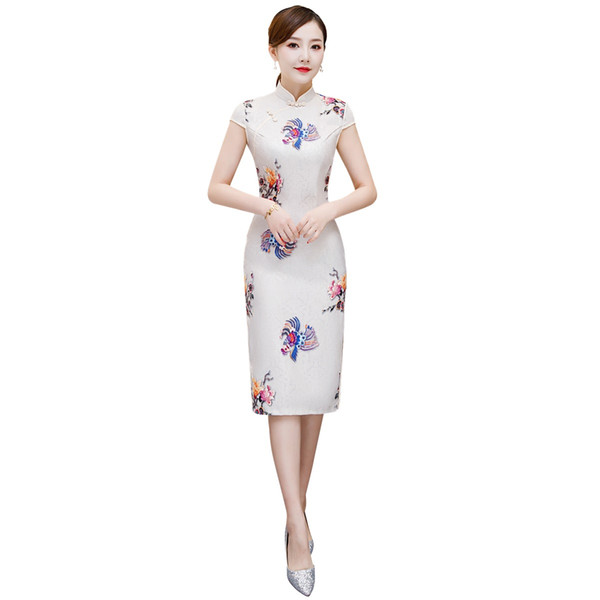 Shanghai Story Blend Cotton Short Sleeve Flower Print Qipao Phoenix Cheongsam Dress Chinese Traditional Dress For Women