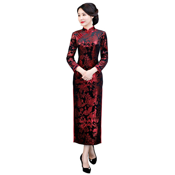 Shanghai Story New Arrival Long Sleeve Chinese Traditional Dress Chinese Oriental dress Long Cheongsam Velvet Qipao Dress for woman