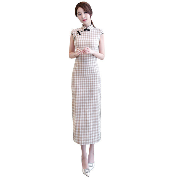 Shanghai Story 2022New Chinese Traditional Dress Long Plaid Qipao dress Blend Linen Short Sleeve Lattice cheongsam For Women