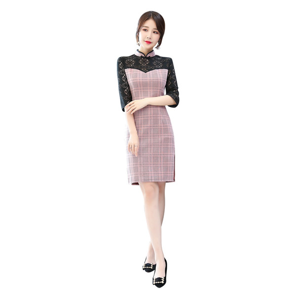 Shanghai Story Plaid Chinese Women's Dress Lace Sleeve Cheongsam Dress Half Sleeve Suede Qipao Dress For Woman
