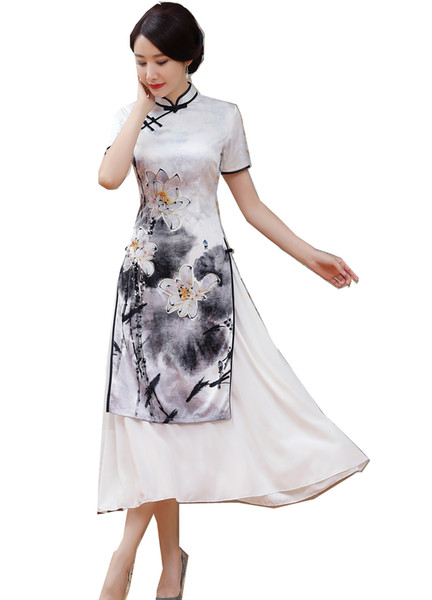 Shanghai Story Vietnam aodai Chinese traditional Clothing Qipao long Chinese Oriental dress Short sleeve White cheongsam ao dai