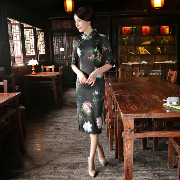 Shanghai Story Double Layer Long Qipao Faux Silk Chinese traditional dress Oriental dress Chinese Women's cheongsam