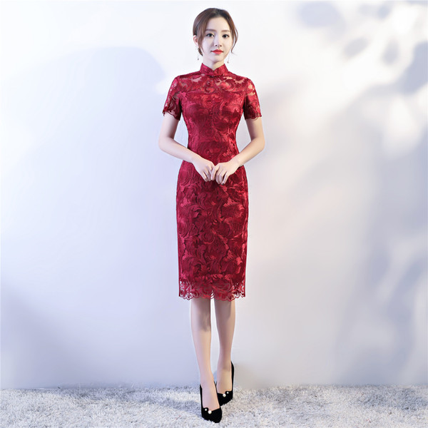 Shanghai Story Chinese Style Dress Lace Qipao Chinese traditional dress Short Sleeve flower embroidery Cheongsam dress