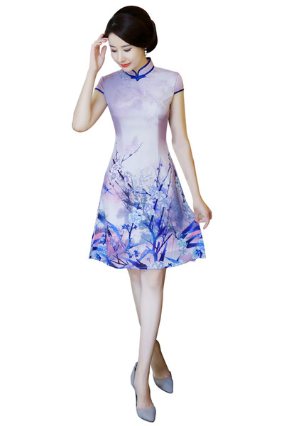 Shanghai Story Mordern Qipao Faux Silk traditional dress Chinese Oriental dress Chinese Women's Clothing Short Cheongsam Purple