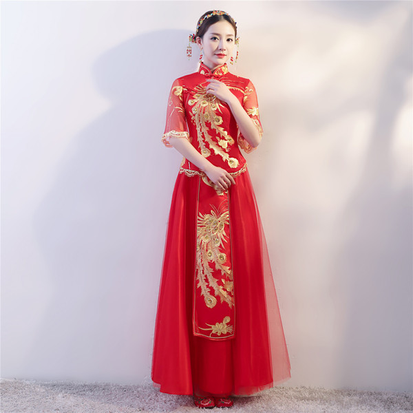 Shanghai Story Long Gold Embroidery Cheongsam Dresses Red Qipao For Women Traditional Dress Chinese Dress for Women