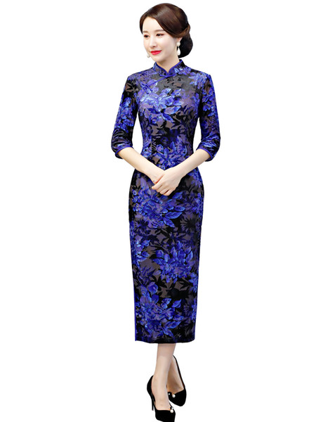 Shanghai Story 2022Flower Print Velvet Chinese Style Dresses 3/4 Sleeve Qipao Chinese Traditional Dress Long Velour Cheongsam