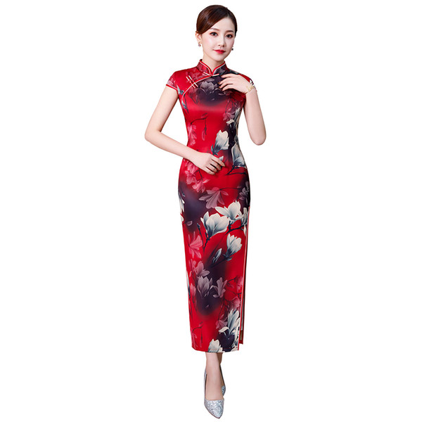 Shanghai Story Faux Silk Qipao Chinese Traditional dress Chinese Women's Clothing Flower Print Cheongsam Long