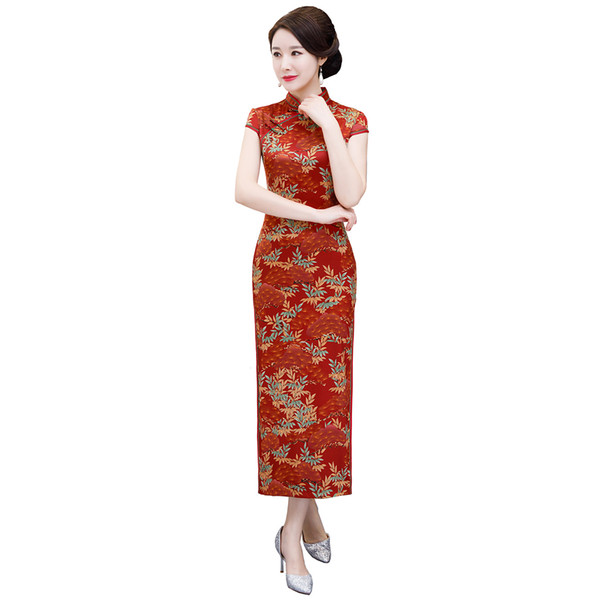 Shanghai Story Red Long Qipao Leaf Print Chinese Traditional Dresses Long Cheongsam Dress Chinese Women's Dress M-4XL