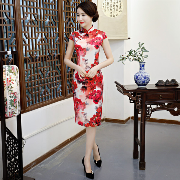 Shanghai Story Floral Qipao Chinese Traditional Dress Knee Length Chinese Women's Clothing Floral Cheongsam