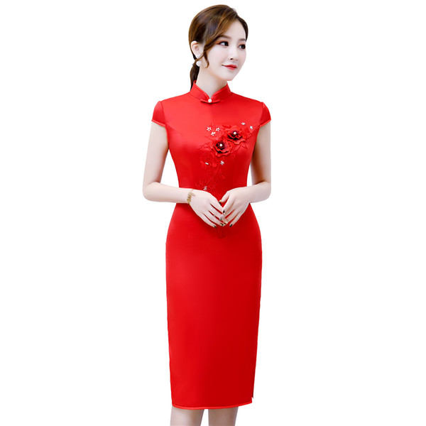 Shanghai Story 2022Short Sleeve Knee Length Chinese Dress Flower Embroidery Cheongsam Top Quality Faux Silk Qipao Dress