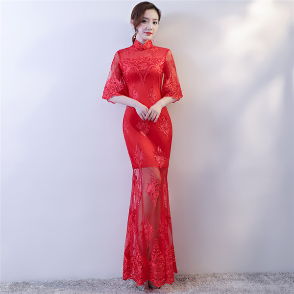 Shanghai Story Half Sleeve chinese traditional dress Floral Embroidery Long mermaid Qipao For Women Lace cheongsam dress Oriental Dress