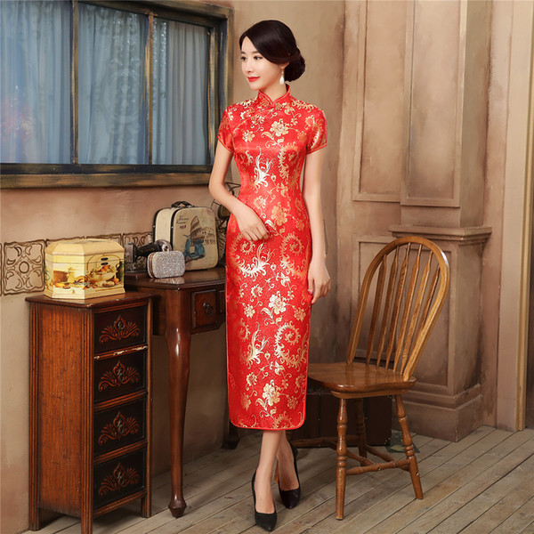 Shanghai Story chinese traditional clothing chinese style dresses long Cheongsam Short Sleeve Red Qipao For Women Dragon Cheongsam