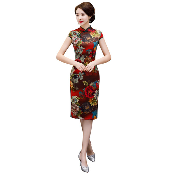 Shanghai Story Floral Qipao Chinese Traditional Dress Knee Length Chinese Women's Clothing Faux Silk Cheongsam For Women