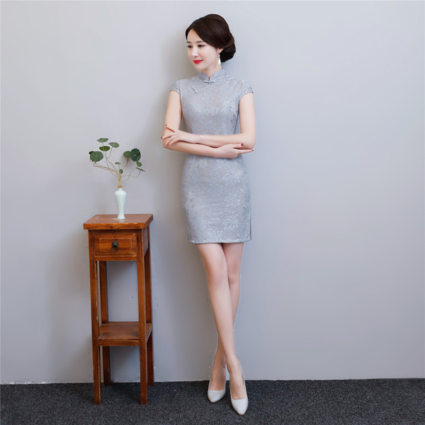 Shanghai Story 2022Faux Silk Chinese Oriental dress Chinese Women's Clothing Short Cheongsam Lace Qipao Grey
