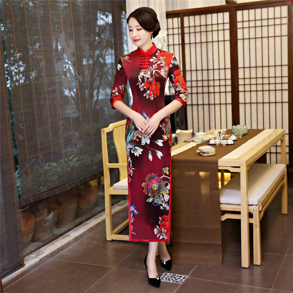 Shanghai Story Half Sleeve Long Qipao Faux Silk Chinese Oriental dress Women's Cheongsam