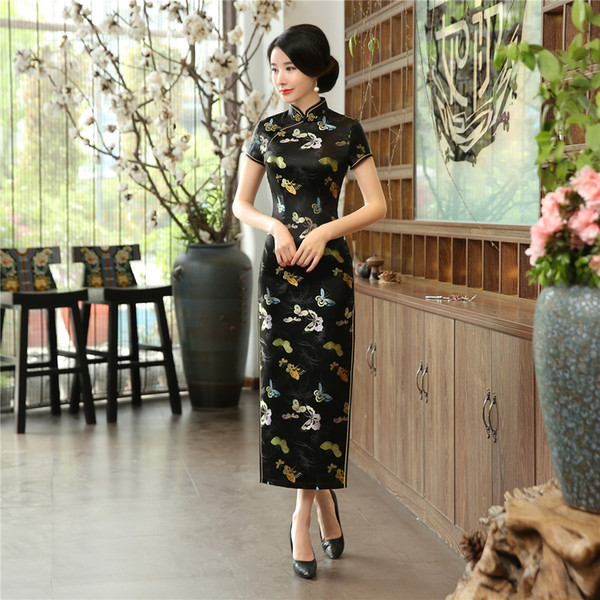 Shanghai Story chinese traditional Clothing Long Qipao Dress Buttlefly Print Faux Silk cheongsam dress Oriental Dresses 6 Color