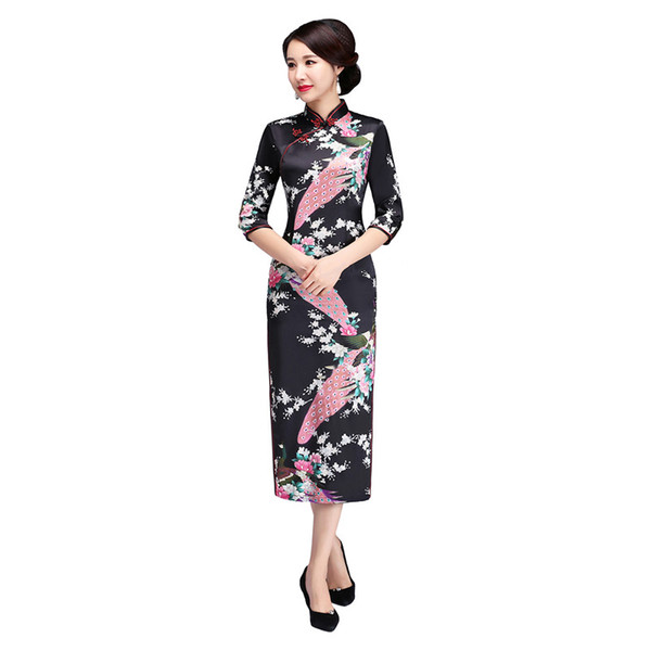 Shanghai Story 3/4 Sleeve Peacock Qipao Long Cheongsam Dress peafowl Chinese Traditional Dresses for Women 8 Color