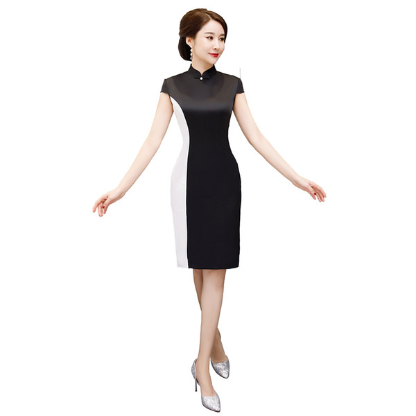 Shanghai Story Autumn Black And white Qipao Chinese traditional Dress Oriental dress Short Sleeve Knee Length Cheongsam Dress For Women