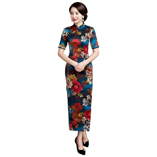 Shanghai Story Chinese Style Dress Long Cheongsam Floral Qipao Chinese oriental dress Short Sleeve Party Dress For Women