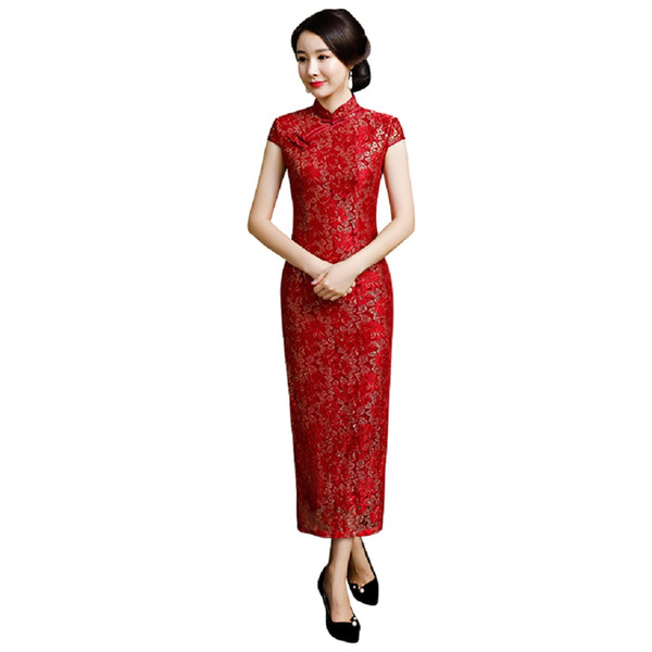 Shanghai Story 2022New Sale High Split Short Sleeve Lace Qipao chinese cheongsam dress Sexy Party dress Long Dress For Women