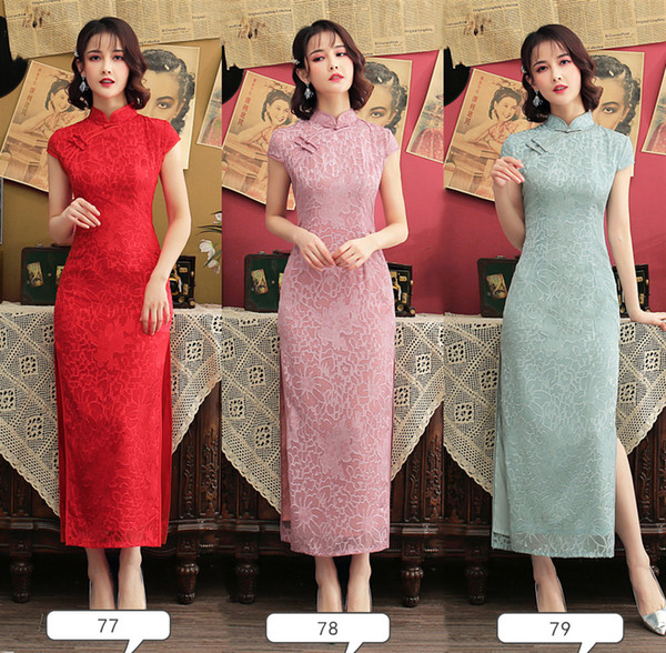 Shanghai Story Top Quality Short sleeve Long cheongsam Qipao High Split chinese dress Party Dress Oriental Style dress 3 Color