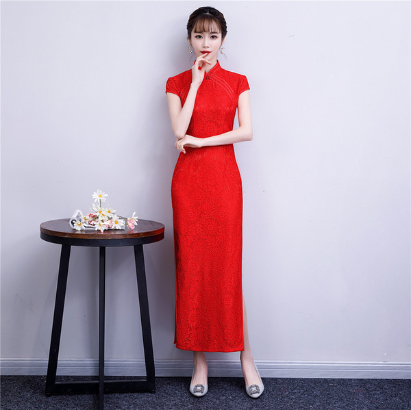 Shanghai Story Top Quality Short sleeve Long cheongsam Lace Qipao High Split chinese dress Oriental Dress 3 Color