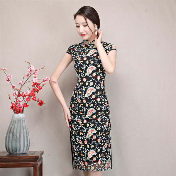 Shanghai Story Floral Qipao Faux Silk Chinese Traditional Dress Knee Length Chinese Women's Clothing Vintage Cheongsam