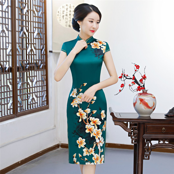 Shanghai Story Spring Summer Qipao Chinese Dress Short Sleeve Knee Length Cheongsam Dress Vintage Chinese Traditional Dress