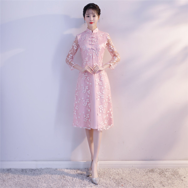 Shanghai Story Knee Length Qipao Dress Faux Silk chinese style long Sleeve Lace cheongsam dress Chinese Oriental dress for Women