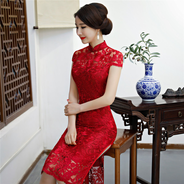 Shanghai Story Top Quality Knee Length Cheongsam Dress Lace Qipao Chinese Oriental Dress Red Chinese Women's Dress