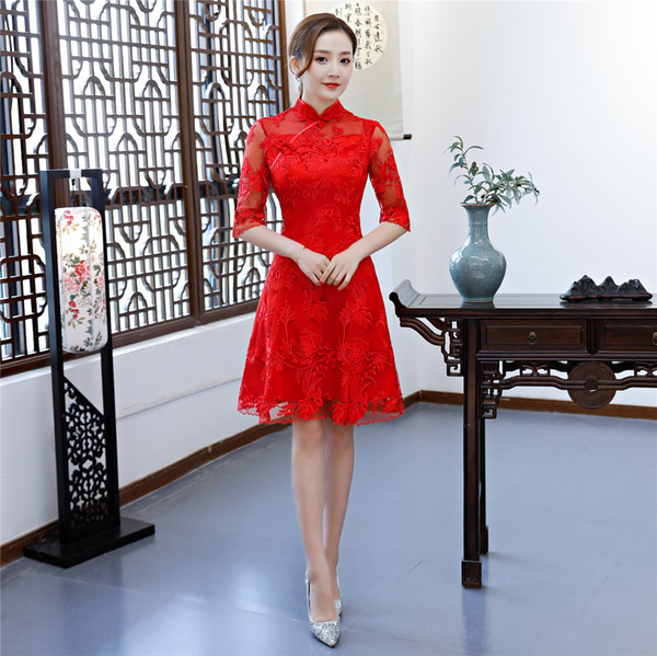 Shanghai Story Half Sleeve Flower Embroidery Cheongsam Dresses Red Lace Qipao For Women Traditional Dress Chinese Dress