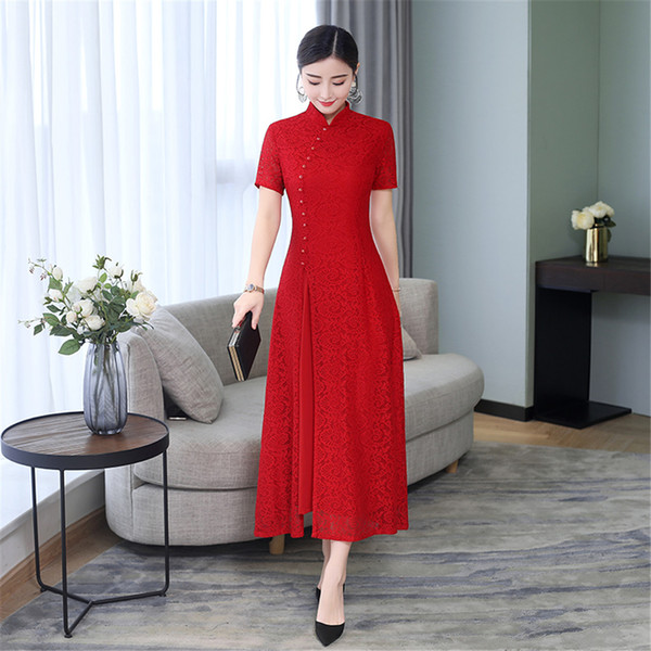 Shanghai Story Long Qipao Fashion Chinese Women's Dress Oriental Style dress Lace Cheongsam for Woman 3 Color