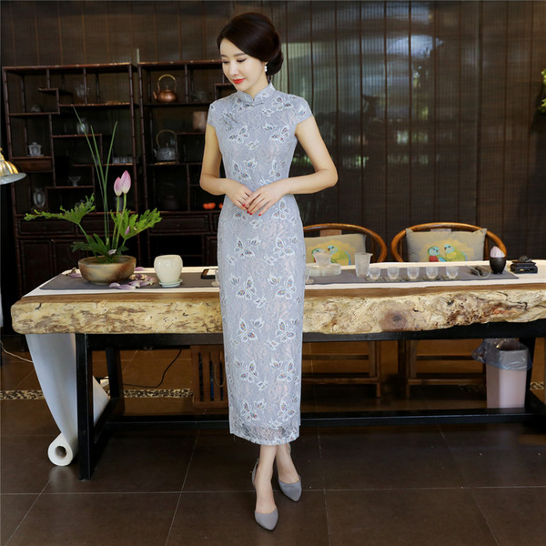 Shanghai Story Butterfly Print Long Qipao Chinese Dress Lace Cheongsam Chinese Traditional dress Oriental dress for women