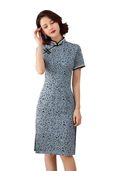 Shanghai Story Knee Length Chinese Traditional Dress Cotton Linen Cheongsam Leopard Print Qipao Chinese Women's Dress