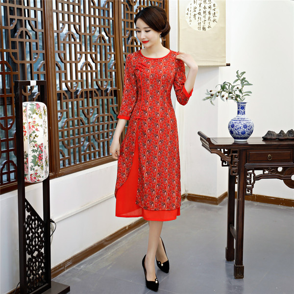 Shanghai Story Round Neck Long Qipao Chiffon Chinese Dress chinese style dress Oriental dress 3/4 Sleeve cheongsam