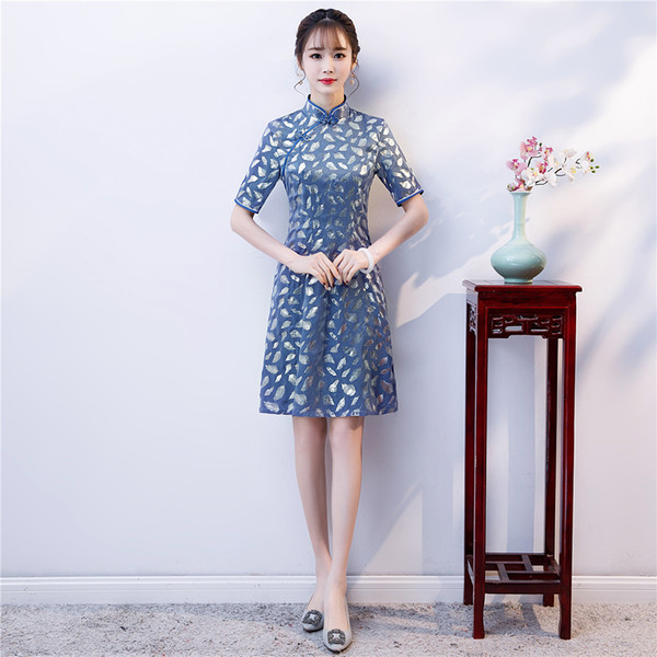 Shanghai Story Knee Length Chinese Traditional Dress Floral Cheongsam Leaf Bronzing Print Qipao Chinese Women's Dress