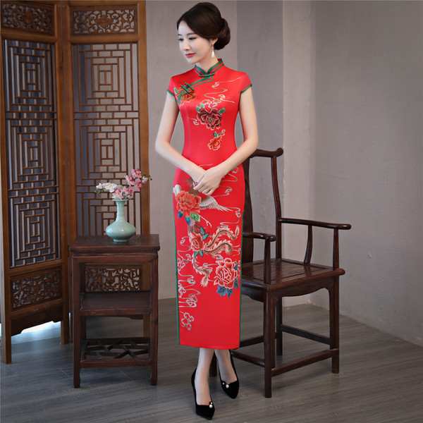 Shanghai Story chinese traditional Dress for women long chinese Qipao dress Cheongsam with lining Faux Silk Red Qipao