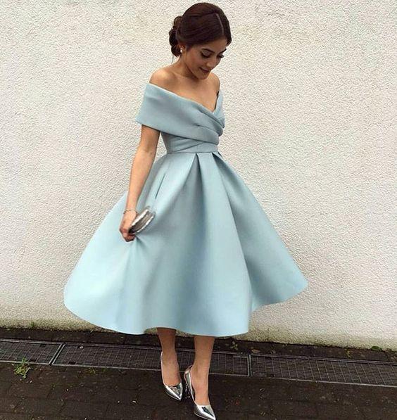 ELegant Light Sky Blue Cocktail Dresses Off The Shoulder Tea Length A Line Satin Homcoming Dresses Formal Occasion Party Gown Custom