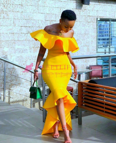 New Yellow Satin Off The Shoulder Cocktail Dresses Hi Low Mermaid Formal Occasion Party Dresses Custom Maded Hot Sale Cheap