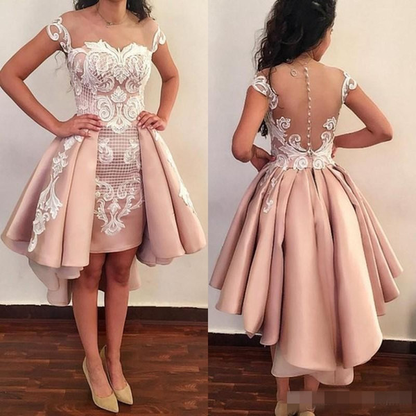 New Pink Sheer Backless Sheath Cocktail Dresses Appliques Cap Sleeves Mini Short Prom Evening Gowns Custom Made with Detachable Train