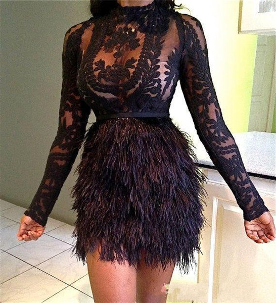 New Arrival Black Lace Sexy Short Further 2017 A line Cocktail Dresses High Collar Long sleeve Zipper Illusion Appliques Tulle Party Dresses