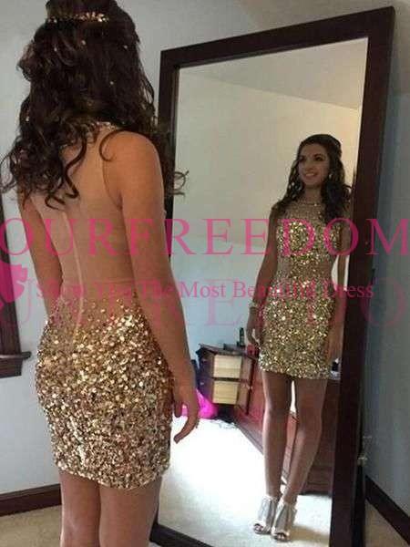 Sparkly Beaded Cocktail Dresses Jewel Neck See Though Back Short Mini Formal Occasion Prom Party Dresses Custom Made Hot Sale