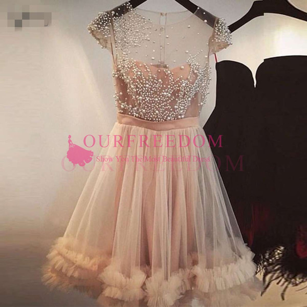 Blush Pink Pearls Tutu Knee Length Cocktail Dresses Ruffles Beaded Prom Gowns Illusion O-neck Girl Formal Party Dress