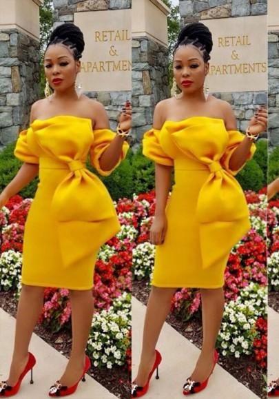 Glitz Yellow Sheath Cocktail Drsses Off The Shoulder Big Bow Short Sleeve Formal Evening Occasion Party Gown Custom Made Hot Sale