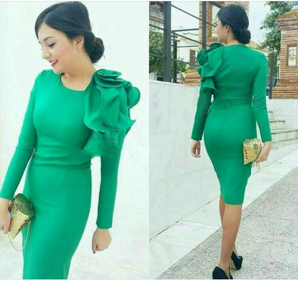 Elegant Green Long Sleeve Cocktail Dresses Knee Length Sheath Ruffles Formal Evening Occasion Party Dresses Custom Made Hot Sale