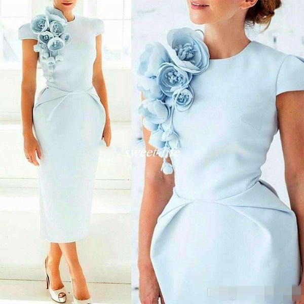 Elegant Formal Evening Dresses with Hand Made Flower Pageant Capped Short Sleeve Tea-Length Sheath Prom Party Cocktail Gown