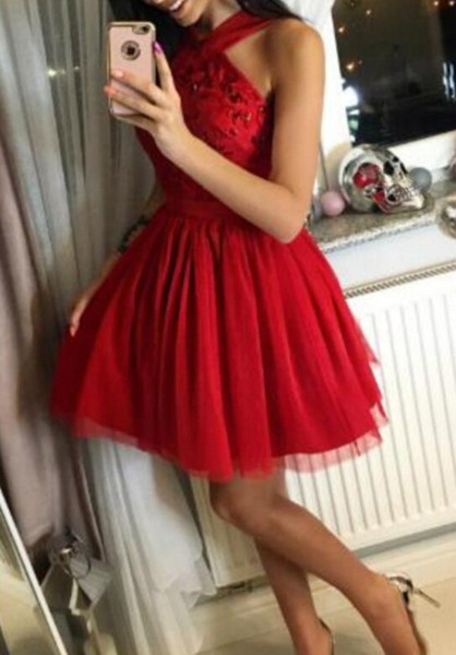 Special Red Halter Neck Cocktail Dresses Lace Appliques A Line Short Mini Formal Evening Occasion Prom Dresses Cheap Hot Sale