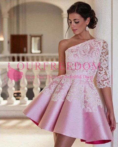 Pink One Shoulder Cocktail Dresses White Appliques Short Satin Homecoming Dresses Formal Party Dresses Custom Made Hot Sale