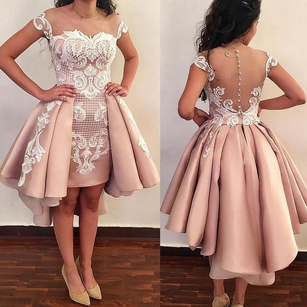 Elegant Blush Pink Sheer Jewel Neck Cocktail Dresses Hi Low White Appliques Illusion Back Cover Button Formal Evening Party Gowns