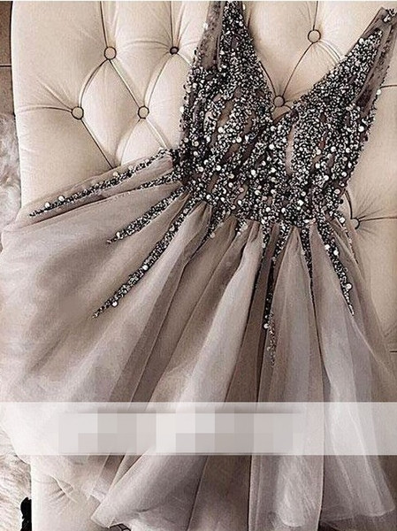 Shiny Beading A-Line Homecoming Dresses V-Neck Sleeveless Short Cocktail Dresses Custom Made